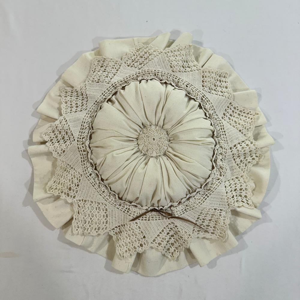 Vintage Round Boudoir Pillow Crochet Lace Ruffle Victorian Cottagecore 15"